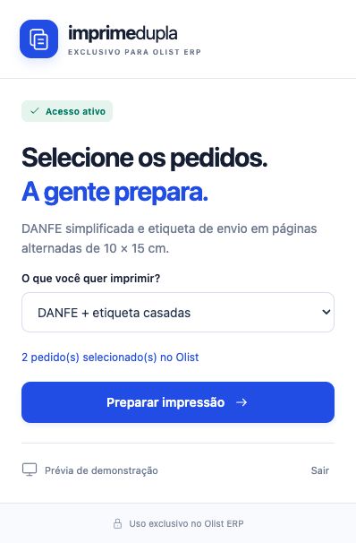 Extensão mostrando dois pedidos selecionados, seletor de formato e botão Preparar impressão